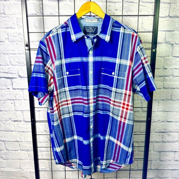 Nautica Men’s Plaid Short Sleeve Shirt Blue Red Button Up Large - Picture 1 of 3
